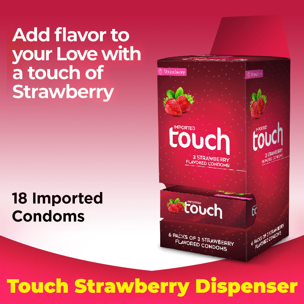 Touch Strawberry Flavored Condom Dispenser - Fun Pack of 3 - 18 Pieces (6 x 3's)