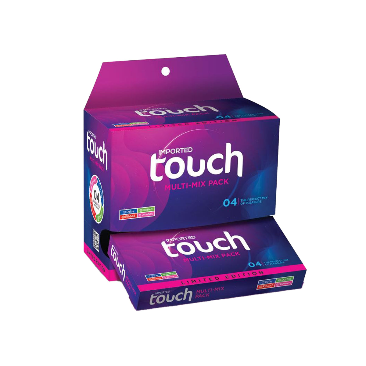 Touch Multi Mix Condom Dispenser (Ribbed + Dotted + Delay + Strawberry) - Full Fun box with 24 Pieces