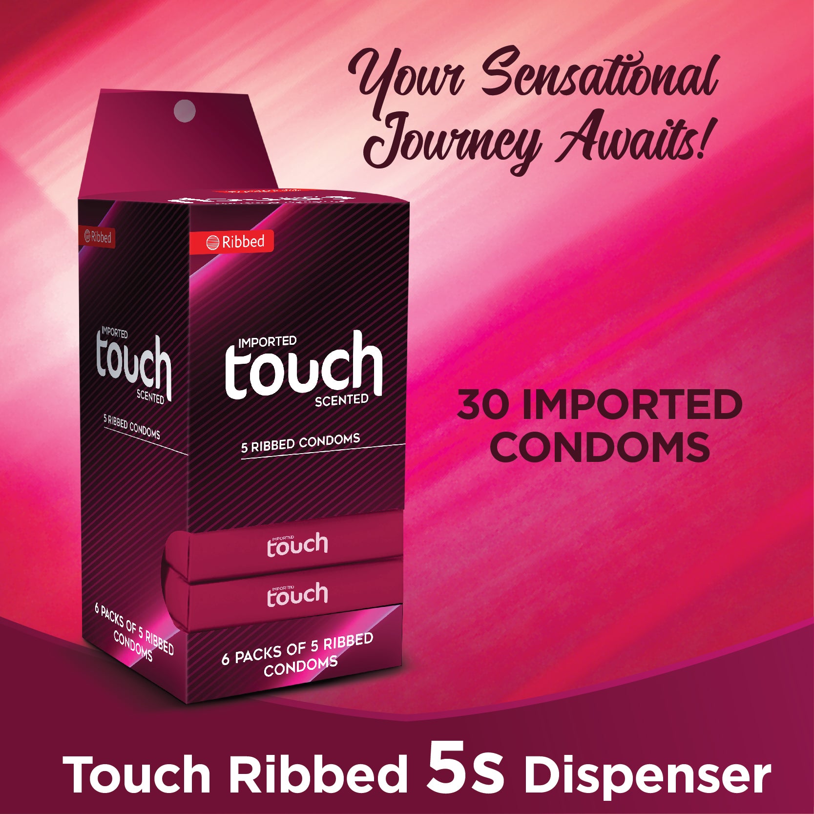 Touch Ribbed Condoms Dispenser - Fun Bundle - 30 Pieces (6 x 5's)